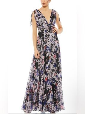 Leena For 55414 Mac Duggal Dress Chiffon Tie Sleeveless In Black Floral New